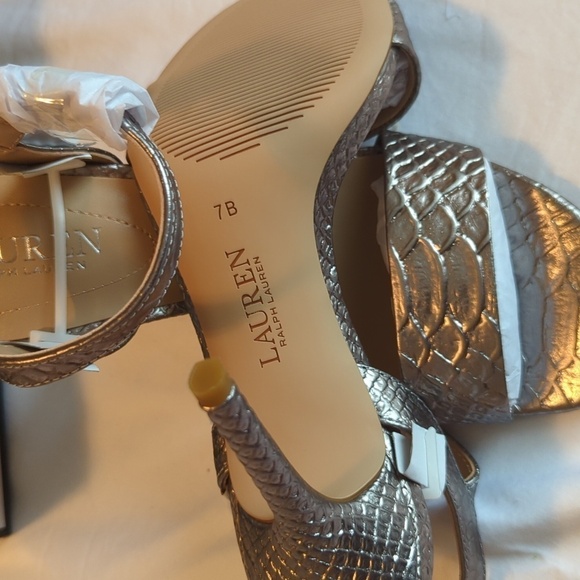 Lauren Ralph Lauren 7B snakeskin, genuine, leather, silver high heel sandals - Picture 3 of 9